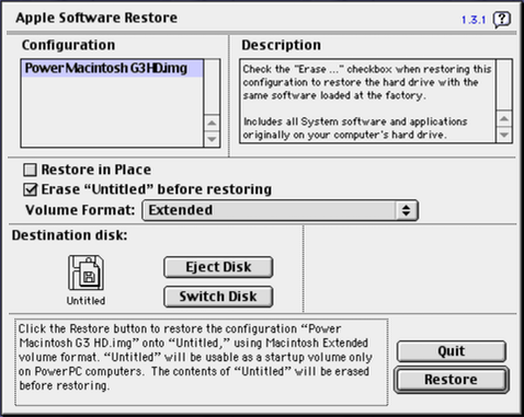 ASR showing the disk image to be restored.